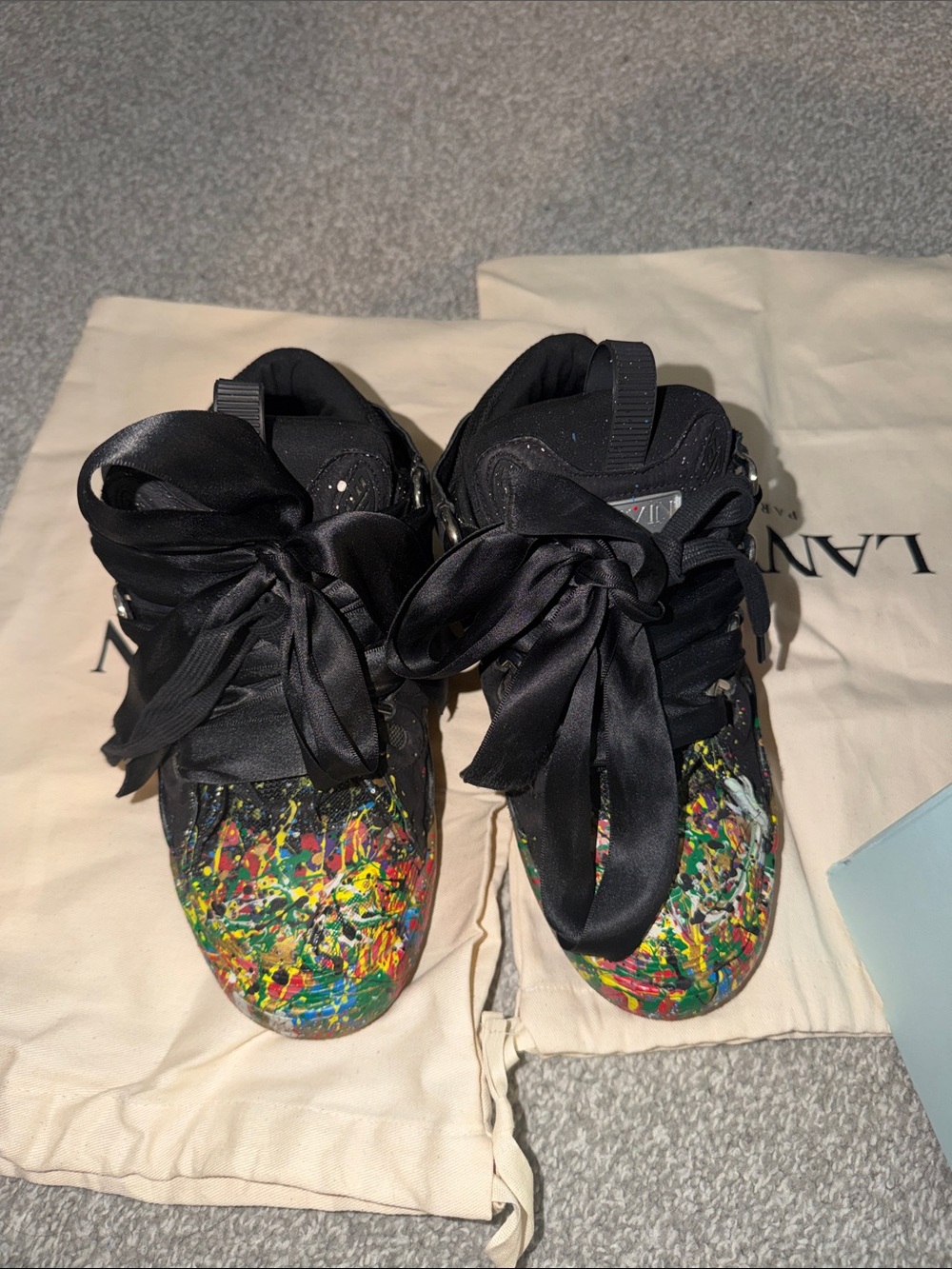 Women's Black High-Top Sneakers with Multicolor Paint-Splatter Toebox